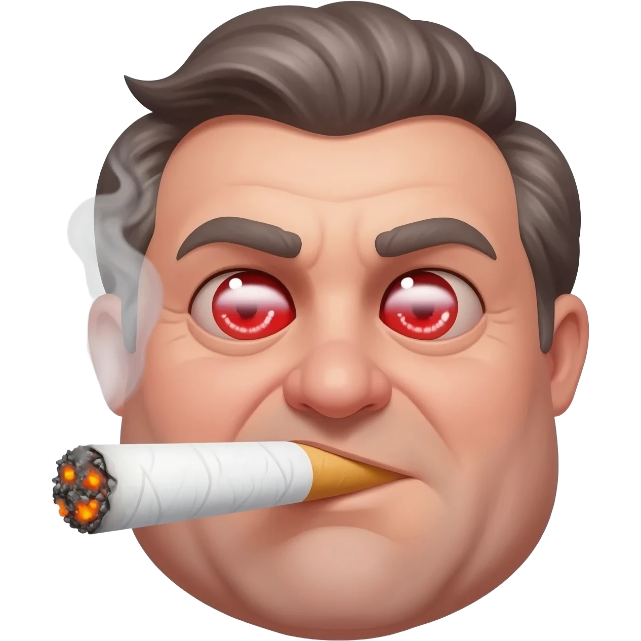 Chubby goofy looking middle aged  white guy with dark brown, but graying hair and bloodshot eyes, Smoking A SUPER HUGE  all white joint without filter with orange and ash with hot ash and smoke rising off of it emoji
