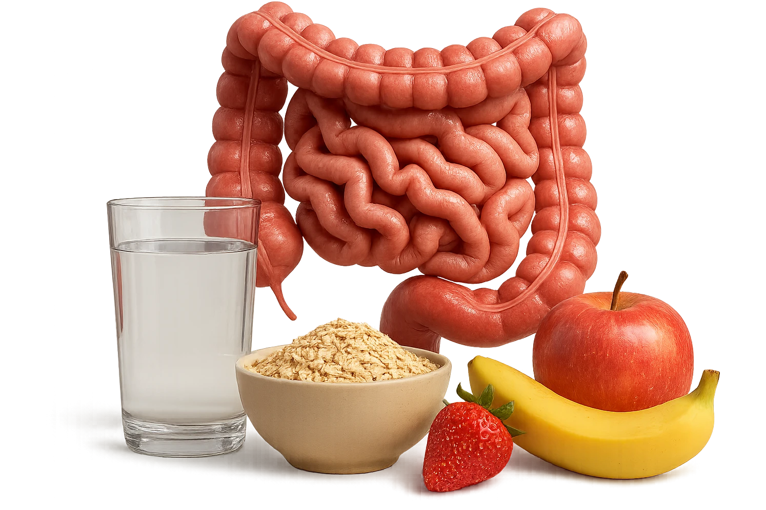 intestino umano anatomico sullo sfondo, davanti a lui un bicchiere di acqua, una bowl di avena e un po' di frutta mista, iperrealistici 4k emoji
