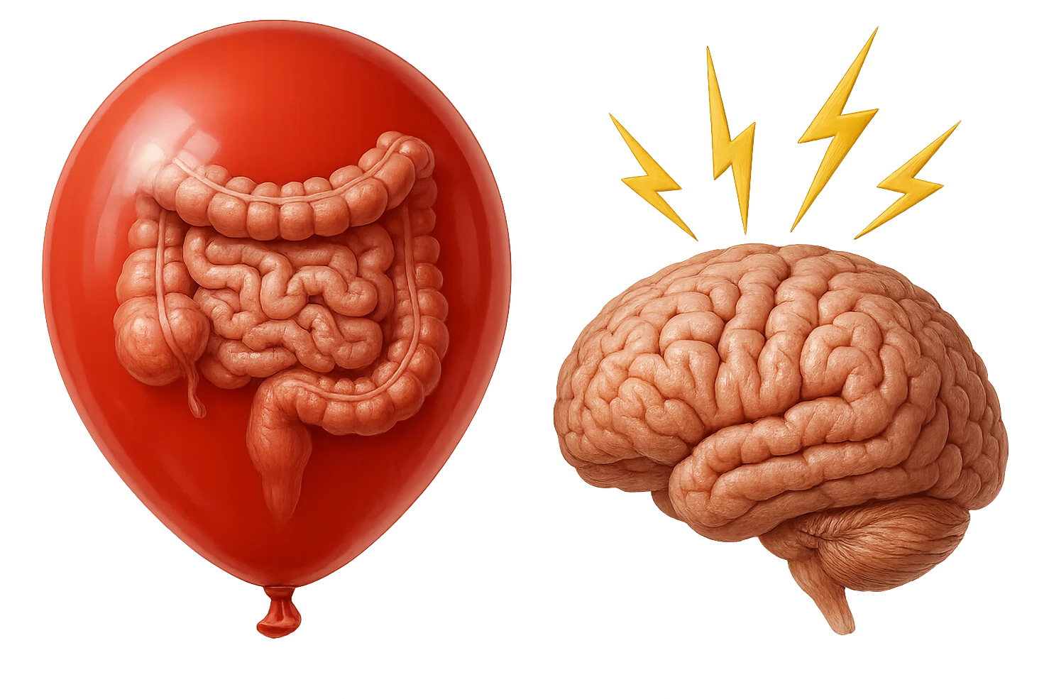 intestino umano anatomico chiuso in un palloncino rosso che simboleggia gonfiore, accanto un cervello anatomico con fulmini vicino che simboleggiano "stress", iperrealistico 4k emoji