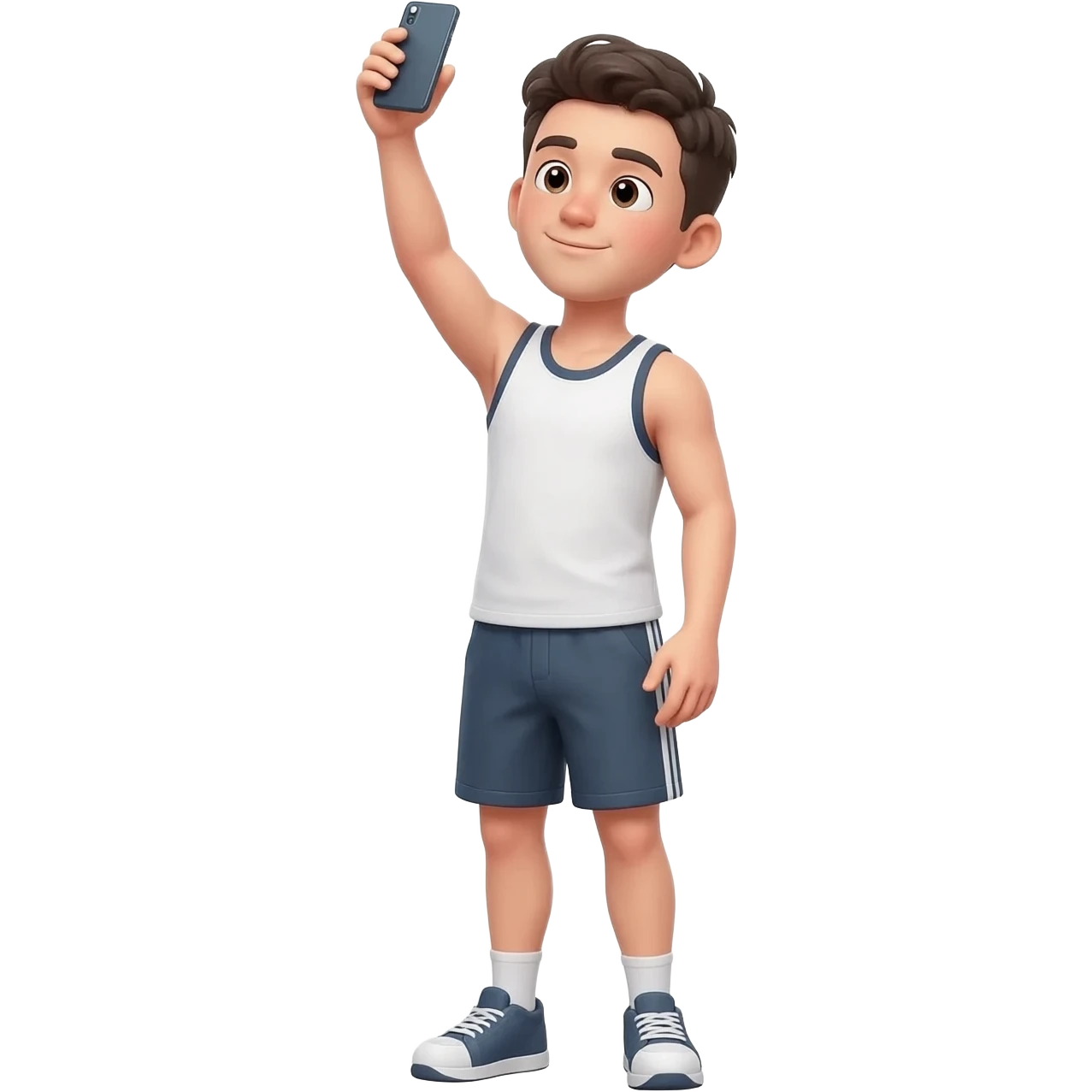 guy in tank top and shorts standing holding up his phone up high and in front of him to show the camera his entire body. have him at a slight angle and looking at the phone. holding the phone vertically. holding it as  high up as he can and angled dwon to point at him emoji