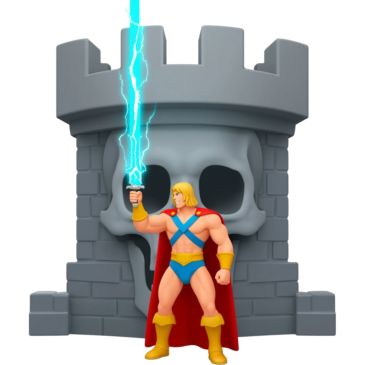 He-man in red cape holding up sword with power color shooting from sword towards sky in front of a skull shaped gray castle emoji