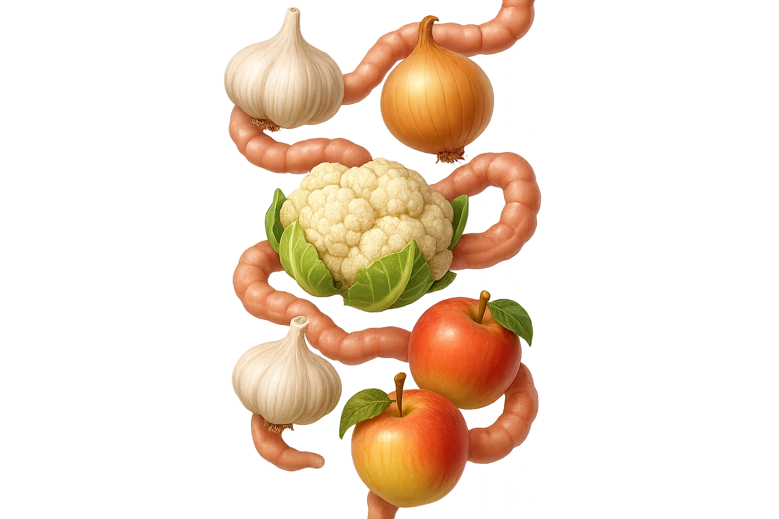 EMOJI STILE IPHONE DI aglio, cipolle, cavolfiore e mele che cadono verticalmente dall'alto con pezzi di colon avvolti intorno, IPERREALISTICO 4K emoji