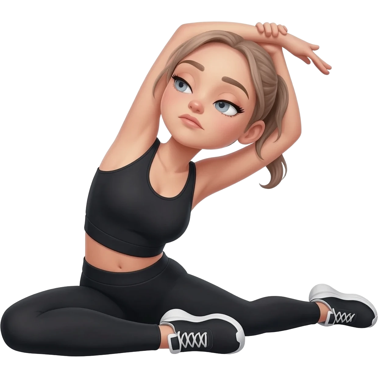 gentle bedtime stretch with sleepy mood, fair-skinned woman, gray-blue eyes, ash brown brows, ash light brown hair tied back, slim athletic body, black workout set, black sneakers with white soles emoji