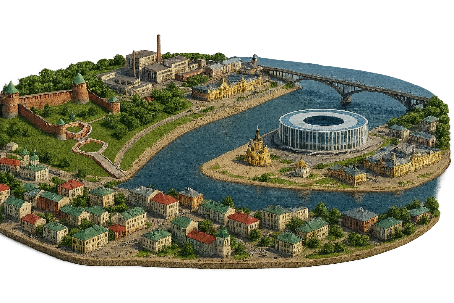 Изометричная миниатюрная фотореалистичная 3D модель панорамы Нижнего Новгорода - Нижегородский Кремль, Стрелка между Окой и Волгой, стадион Нижний Новгород, ГАЗ, Чкаловская лестница, Борский Мост через Волгу, Нижегородская ярмарка, нижегородские дома, автотранспорт четкие линии, яркие цвета, люди, компактная композиция, вид сверху в изометрии, прозрачный фон emoji