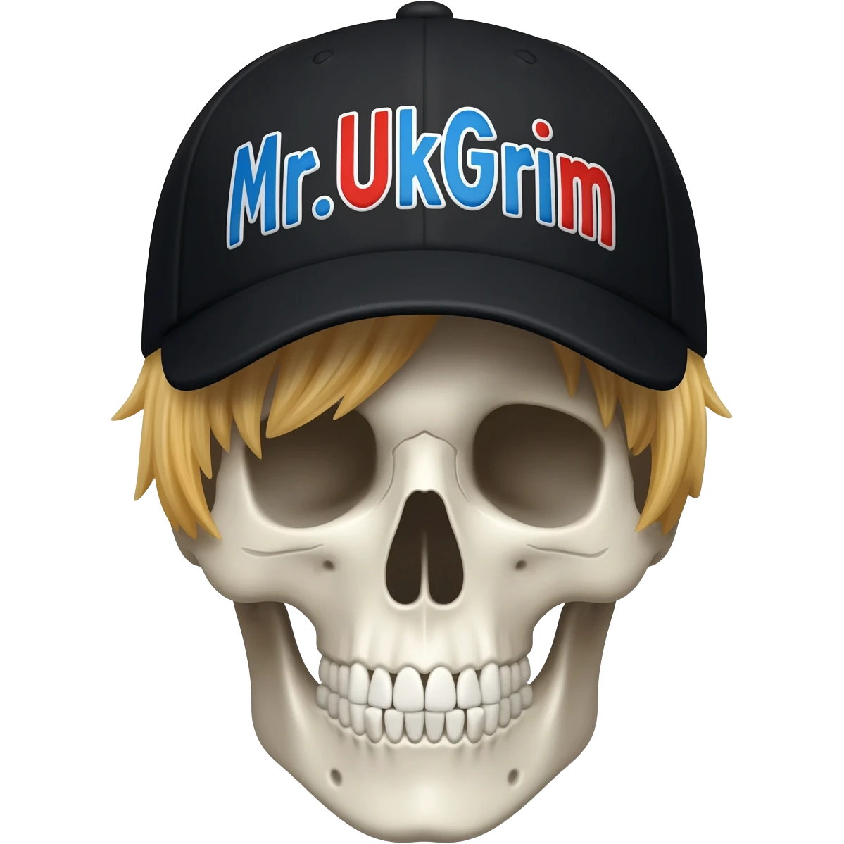 Create a skeleton head wearing a black baseball cap that says "Mr.UkGrim" in blue, red, and white lettering, with short blonde hair emoji