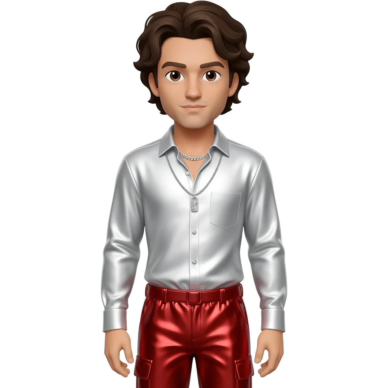 Anwar Jibawi with dark brown hair, white metallic shirt, red metallic baggy pants, silver necklace emoji