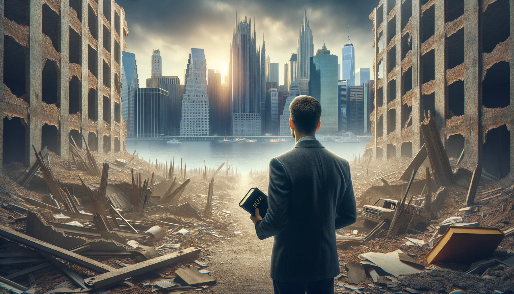 UOMO DI SPALLE DAVANTI AD UNA CITTà SMANTELLATA SENZA MURA CON UNA BIBBIA IN MANO, GUARDA LA CITTà, IPERREALISTICO 4K emoji