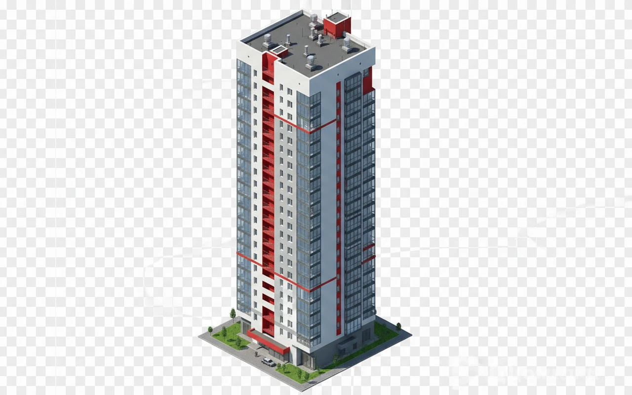 Изометричная, яркая, детализированная, объемная и фотореалистичная иллюстрация одной башни Манхэттен-2 в Челябинске. Чёткие контуры, не размазанные линии, высокое качество, прозрачный фон, не обрезать края картинки emoji