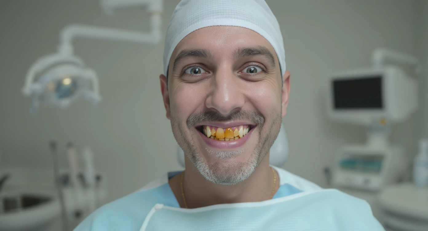 dentist smiling to camera with ugly teeth (bad and yellow teeth), cinematic shot, minimalistic clinic in background emoji