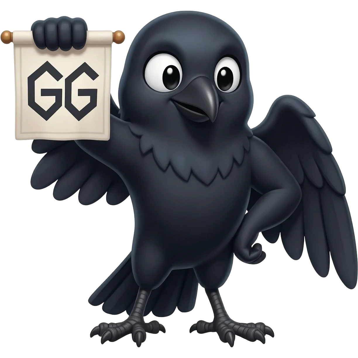Raven GG: (Good Game) A raven holding a banner with "GG" (Good Game) written in bold, rune-like font. It looks happy, not fierce. emoji