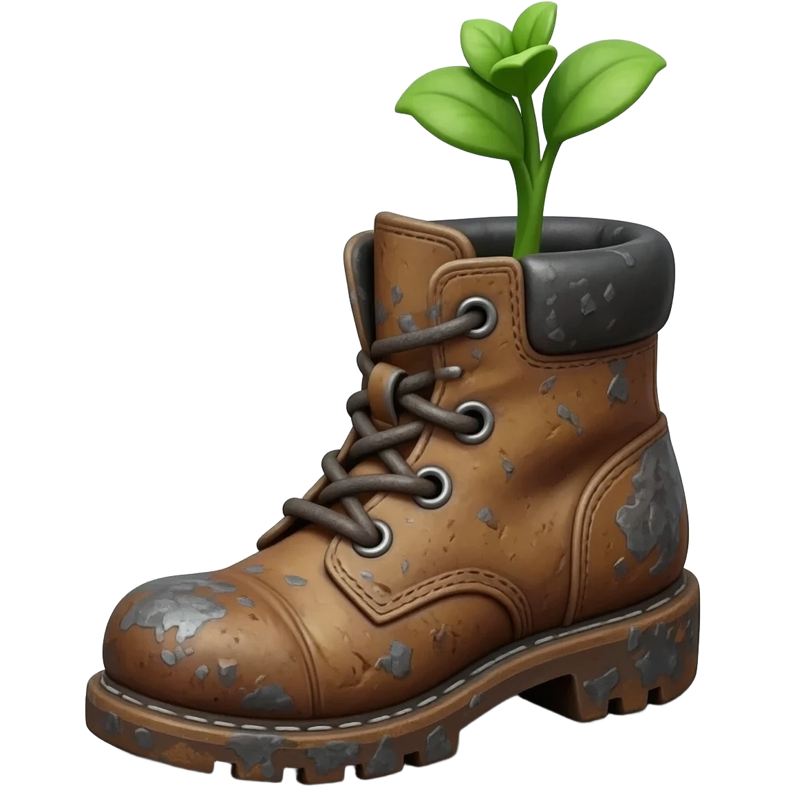 A photorealistic, high-detail 3D render of a rustic, dirt-caked work boot with a small, vibrant green plant growing out of it, inspired by the movie Wall-E. Isolated on a plain, solid white background. Soft studio lighting, sharp focus on the plant's leaves and the boot's worn texture. emoji