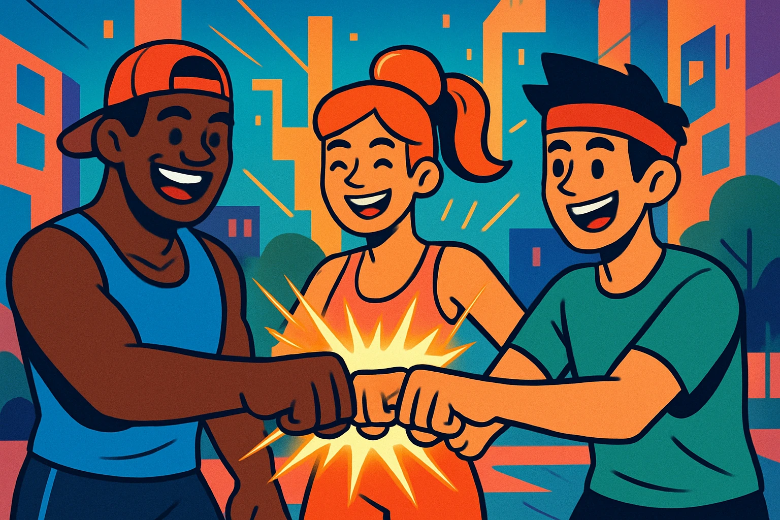 A group of three sporty characters smiling and fist bumping, surrounded by glowing energy, in an urban cartoon style with vibrant colors and a fitness vibe. emoji