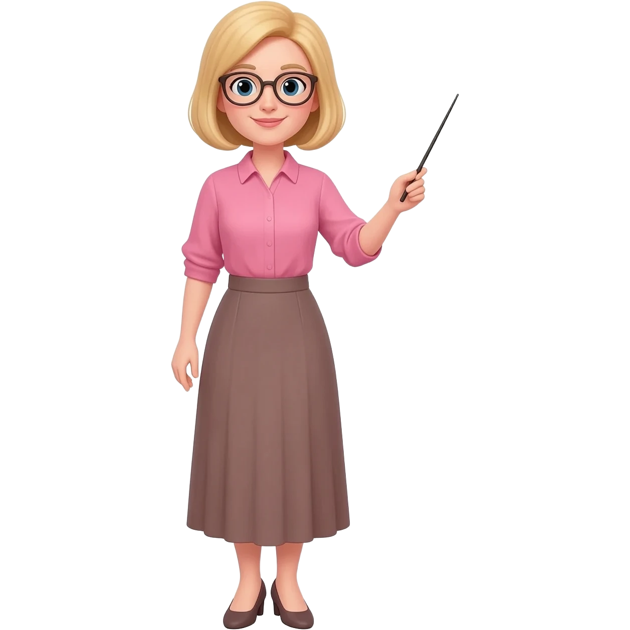 a woman who works as a teacher, she has a bob blond haircut, she is wearing glasses, long skirt and a pink blouse, she is holding a pointer emoji