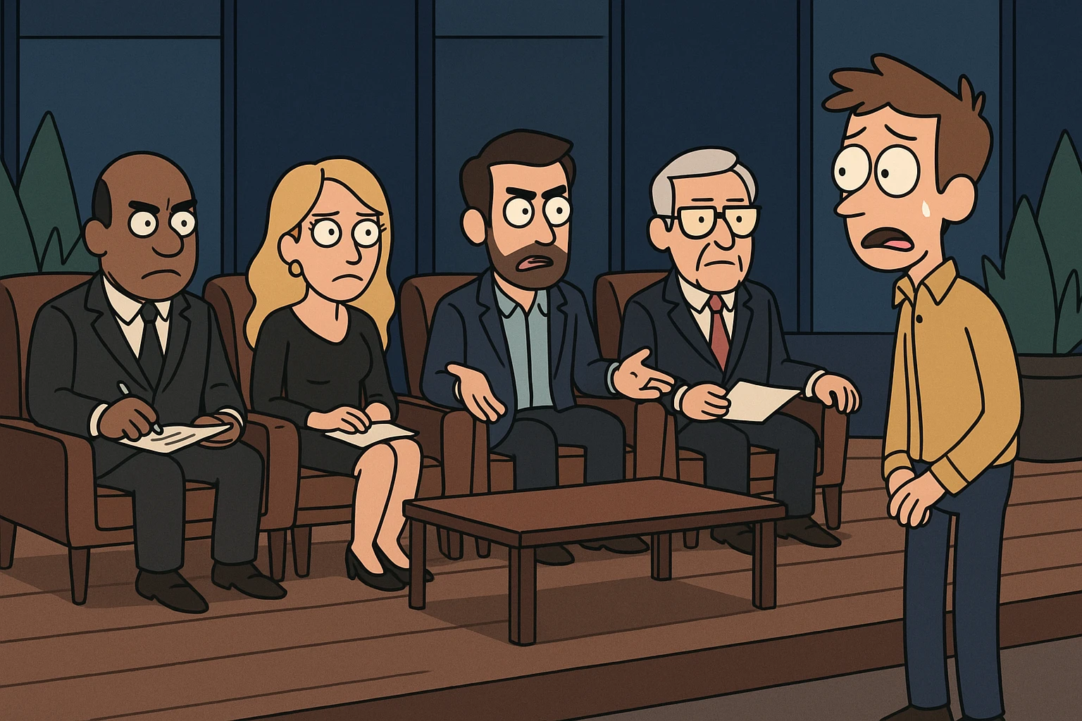 a dramatic scene of investors sitting in chairs evaluating a nervous entrepreneur, inspired by Shark Tank, flat toon style, unique art style emoji