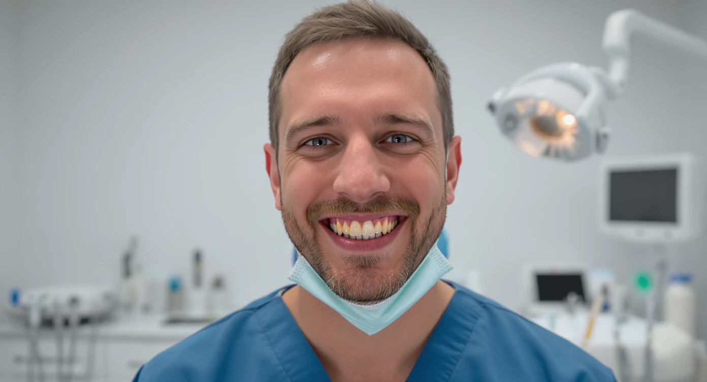 dentist smiling to camera with ugly teeth (bad and yellow teeth), cinematic shot, minimalistic clinic in background (doctor have only few teeths) emoji