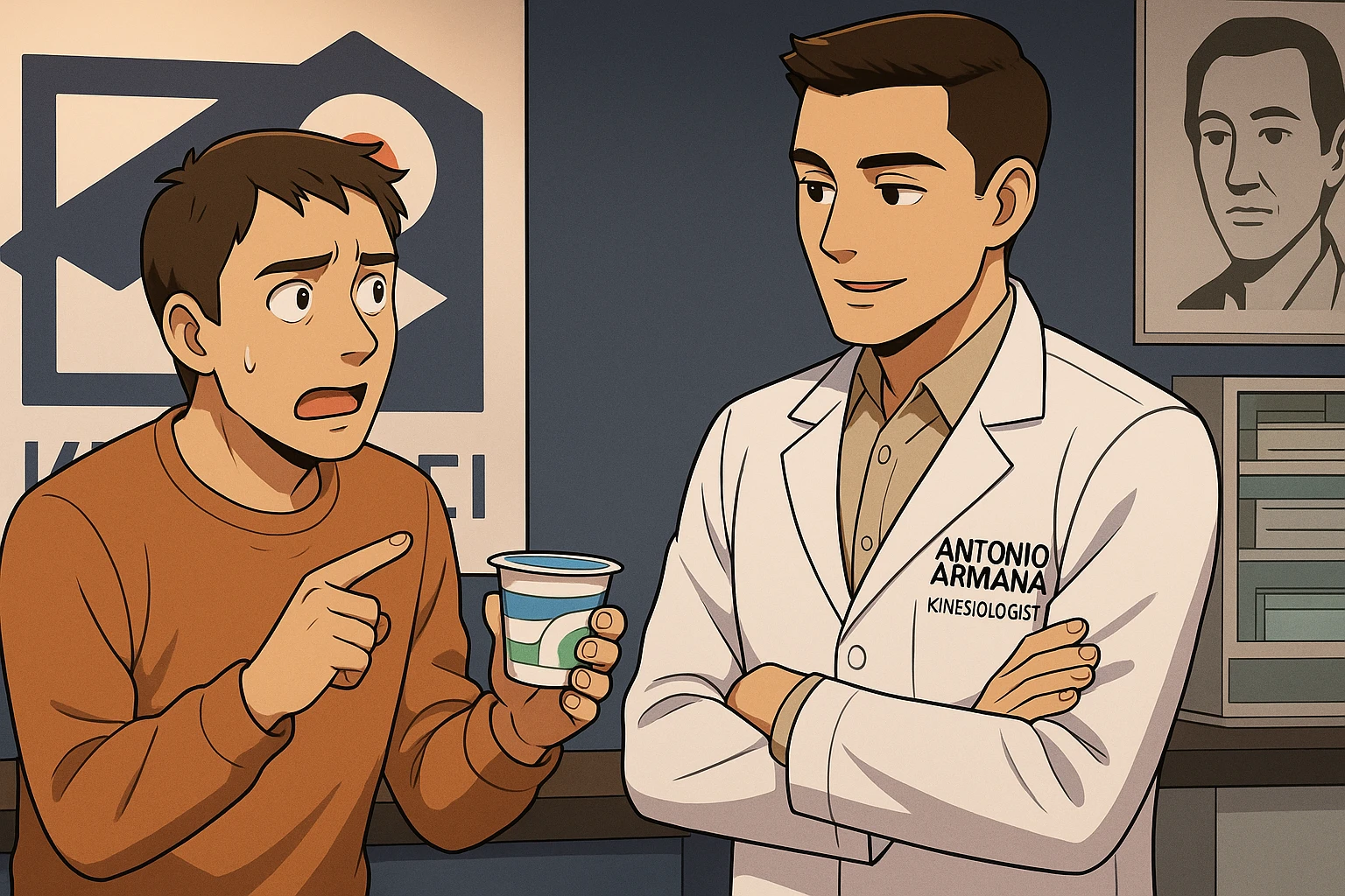 fai un webtoon manga a colori con questo stile, in cui un uomo chiede al kinesiologo con il camice bianco (fagli anche la scritta "ANTONIO ANANIA" SUL CAMICE, una domanda e il kinesiologo gli risponde, L'UOMO INDICA LO YOGURT CHE HA IN MANO ED è MOLTO ALLARMATO NEL FARE LA DOMANDA. non fare i fumetti però, fai solo in modo che sembri stiano parlando emoji