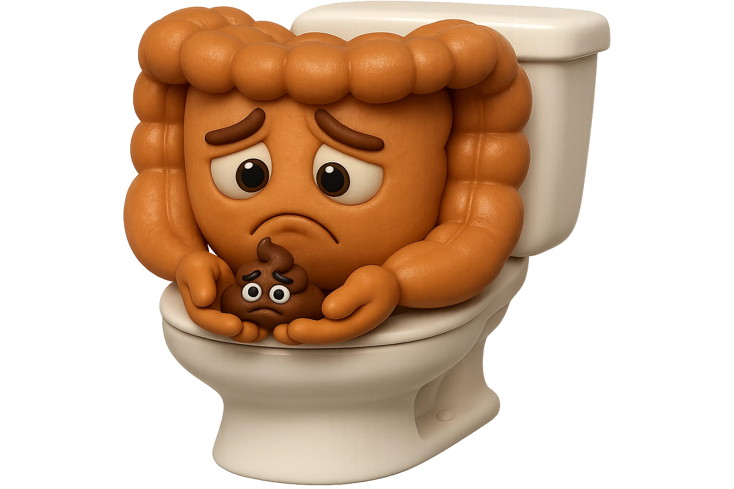 emoji stile iphone di un intestino realistico 3d che esce dal wc con in mano una montagnetta di feci con espressione triste a palline, iperrealistico 4k emoji