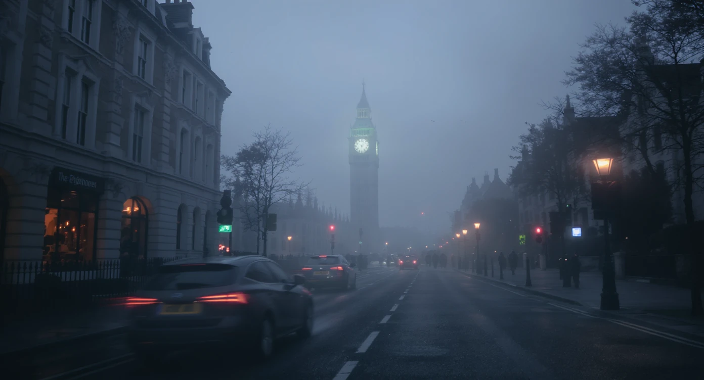 Cinematic shot of a london street, cloudy foggy day, soft light, car flying, leading lines to big ben in distance, multi composition, in foreground blurred car, on second street around UK bulding, od another plan in distance big ben, birds flying, artistic look, captured on arri alexa 35, blue hour emoji