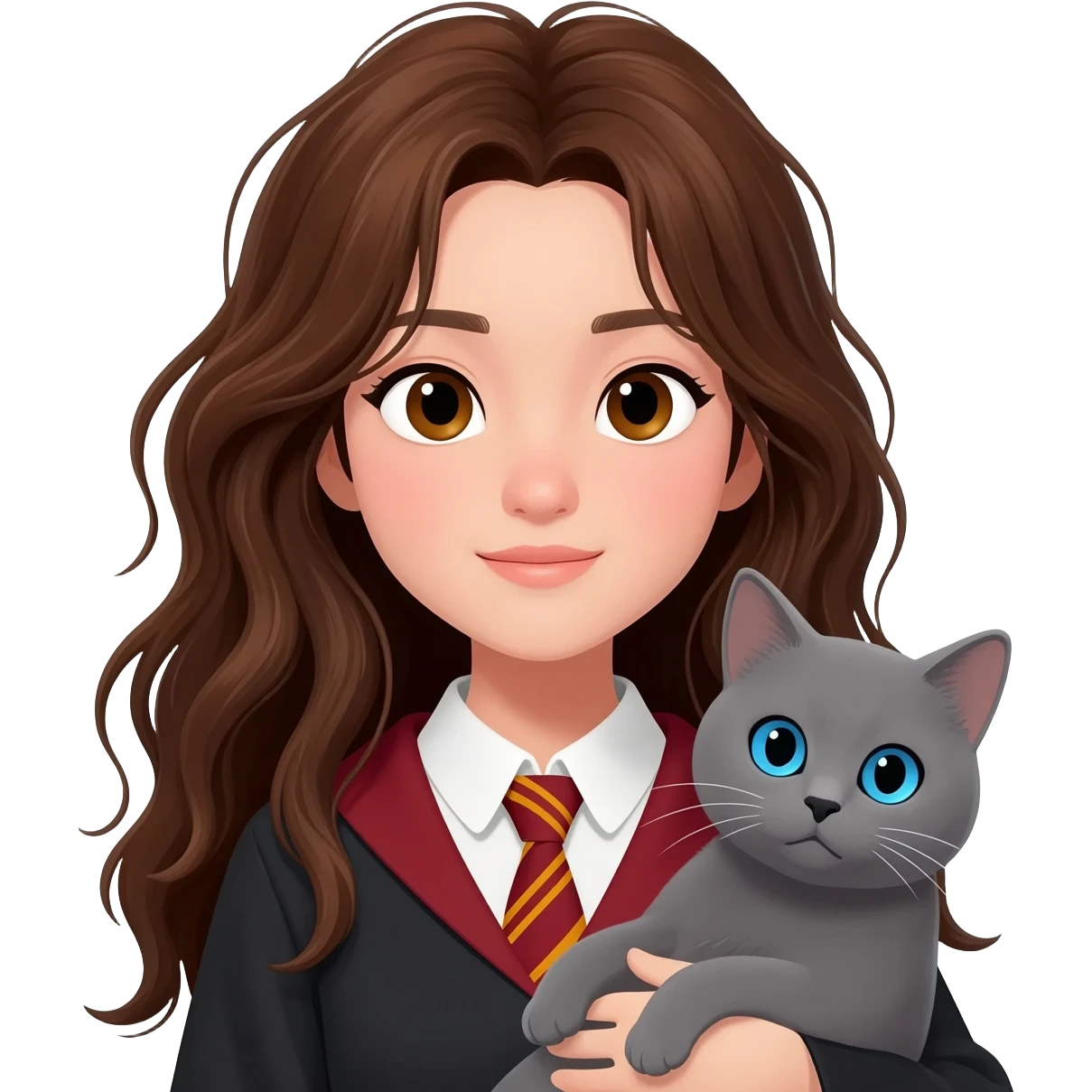 asian ravenclaw girl student with long brown messy hair and brown eyes, holding a gray cat with blue eyes emoji