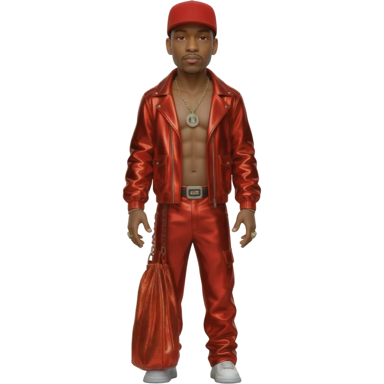 LL Cool J with red hat, red metallic jacket, red metallic baggy pants, shirtless with necklace emoji