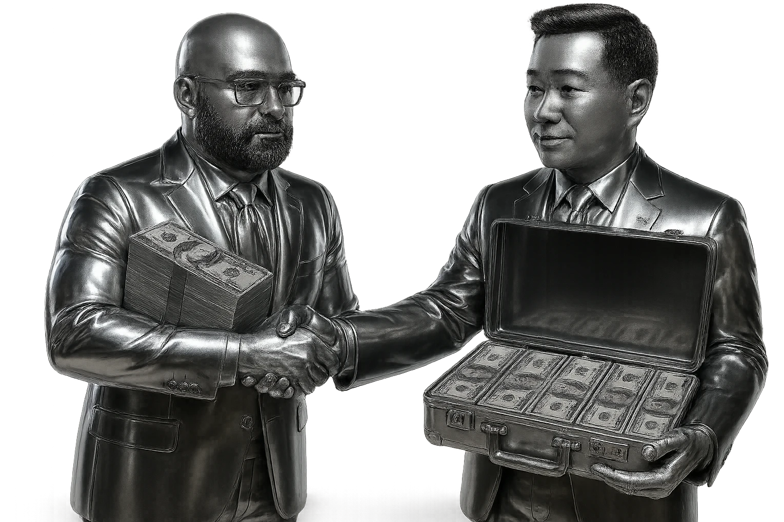 Remove the beanie from the man on the left. Change both men's outfits to shiny metallic chrome suits, keeping their natural skin tones. The man on the left is holding a stack of money, and the man on the right is holding an open briefcase full of money. Keep the handshake pose intact. Transparent background. emoji