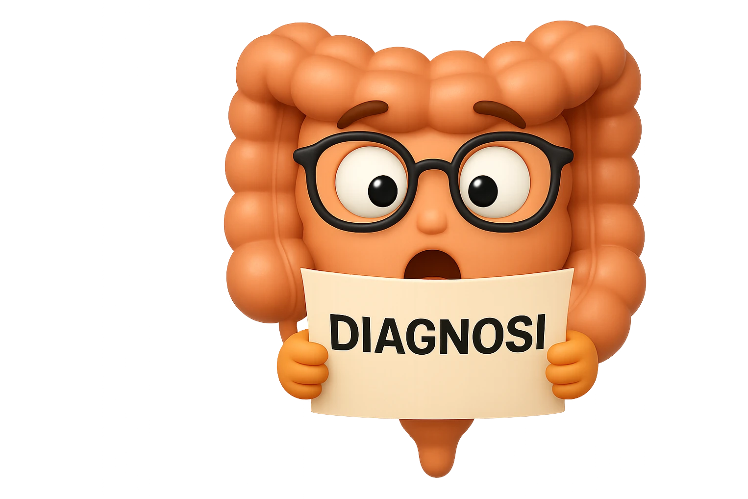 EMOJI STILE IPHONE DI UN INTESTINO CON GLI OCCHIALI CHE LEGGE UN FOGLIO CON LA SCRITTA DIAGNOSI, ESPRESSIONE STUPITA IN VOLTO, IPERREALISTICO 4K emoji