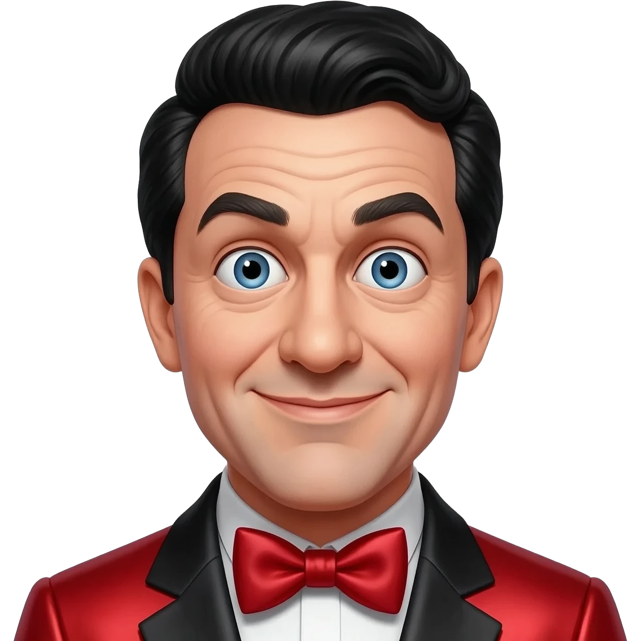 Moe Howard from The Three Stooges with blue eyes, black hair, red metallic suit with bow tie emoji