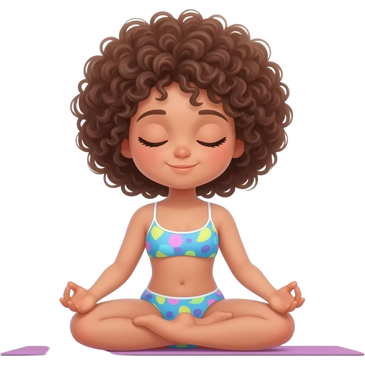 Une fille. Une fille qui reste zenCheveux bouclé. Maillot. Verse. Elle adore faire du yoga ? Ce ça passe dors. À l'appel Juliette emoji
