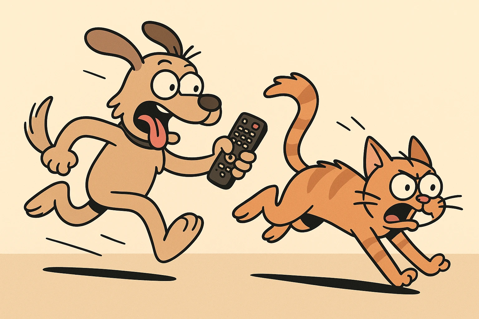 a dog holding a remote, in mid-chase after a cat, dynamic and funny, cartoon style emoji