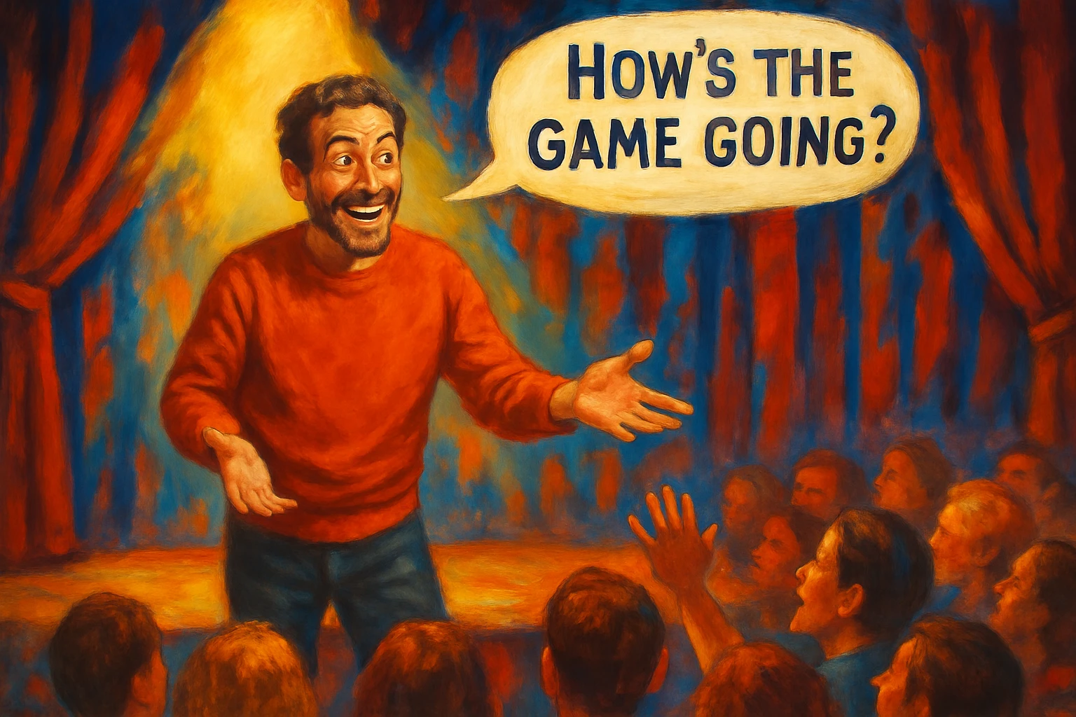 Place the interesting man from the reference image on a lively theatrical stage with a spotlight shining on him. He is in an engaging pose, asking 'How's the game going?' with an audience in front watching attentively. The scene should be vibrant and full of theatrical energy, capturing the mood of a live performance. emoji