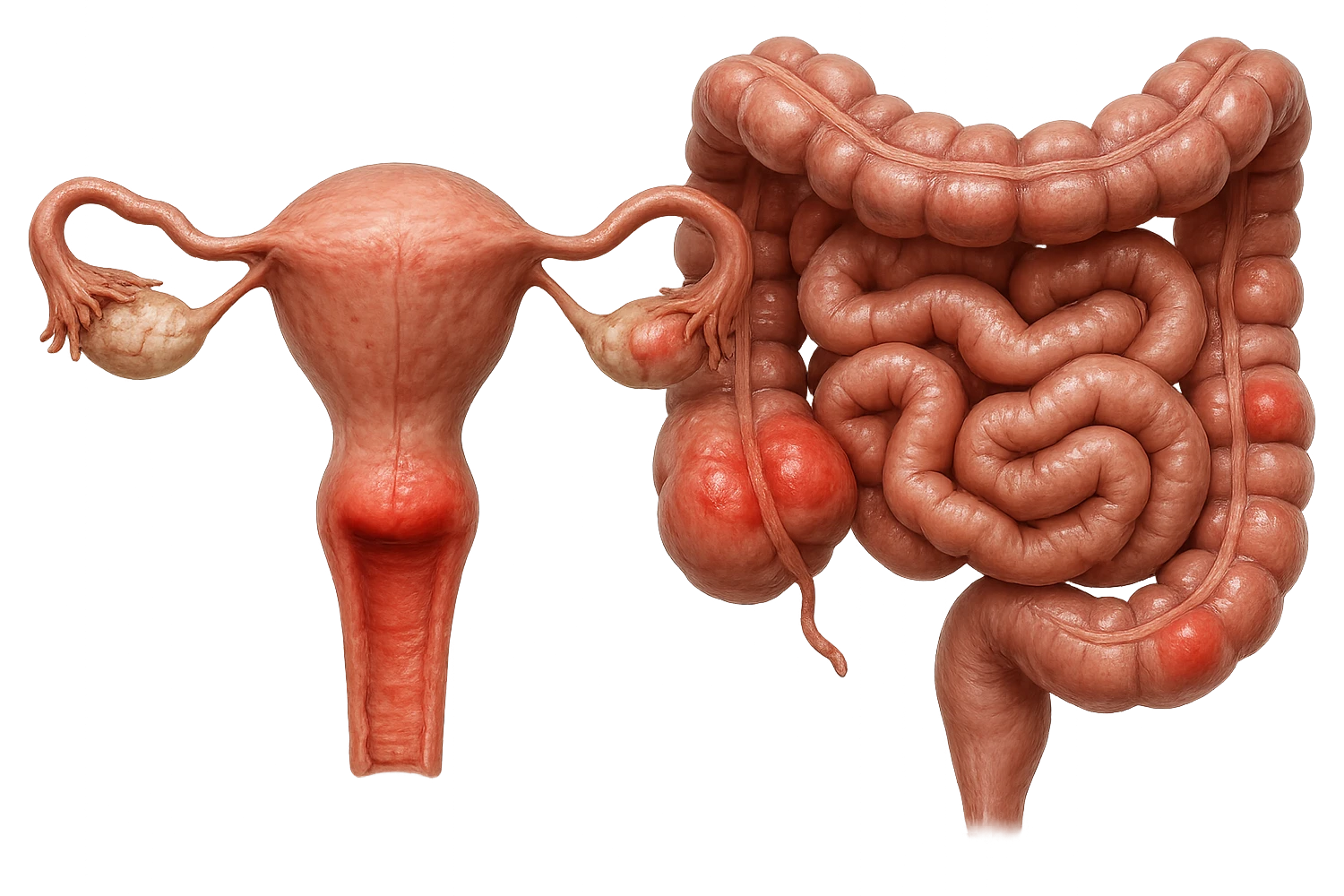 utero umano anatomico iperrealistico e intestino umano anatomico iperrealistico hanno in comune il dolore e l'infiammazione, rendi bene il collegamento tra i due organi doloranti, falla iperrealistica, non disegnata emoji