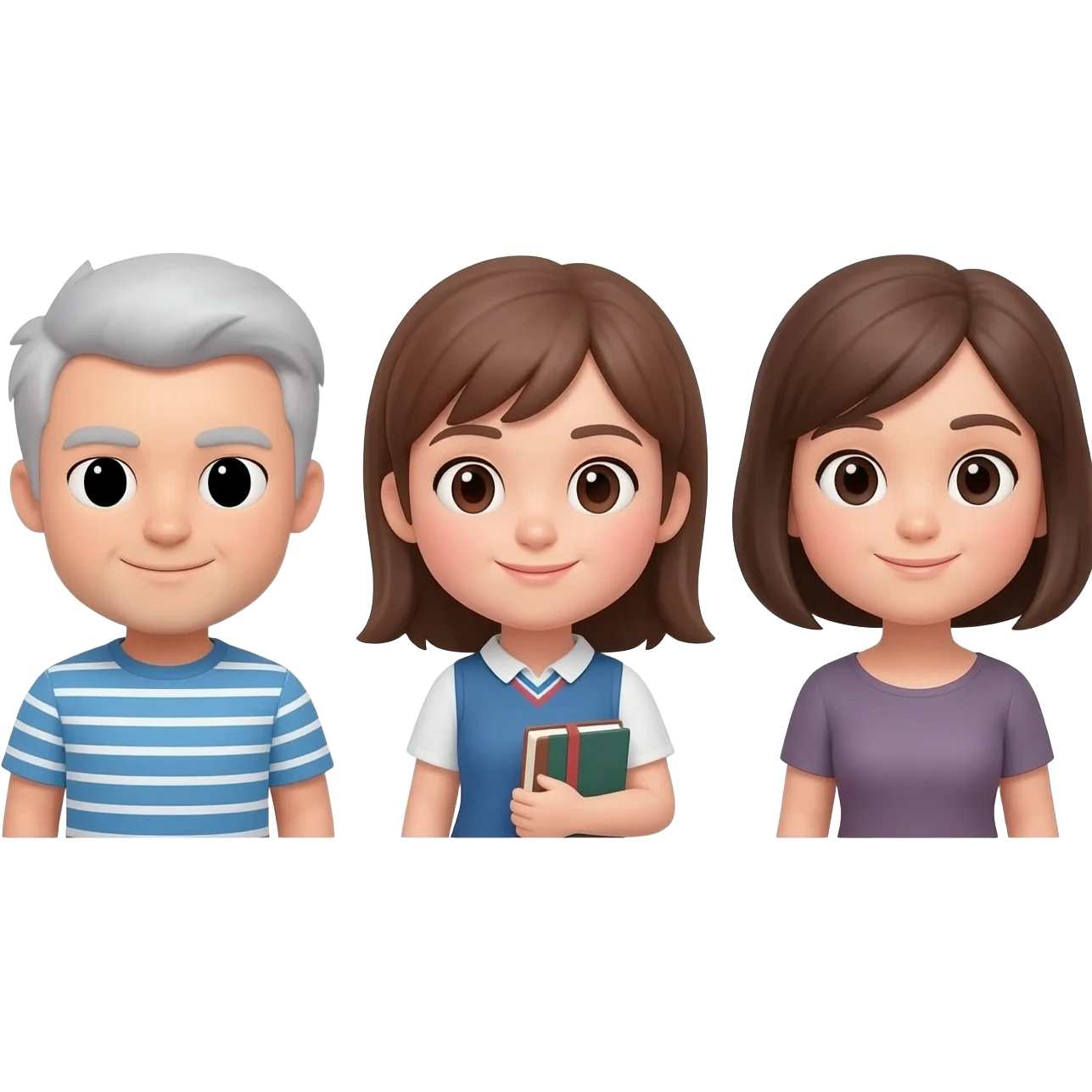 三人嘅emoji~左面男要灰白色頭髮~穿藍白橫條T卹不要鬍鬚~右面一個女仕就又攣又長嘅啡頭髮~中間一個少女就係啡色頭髮穿少女裙子書卷氣～平排一起面向鏡頭 emoji