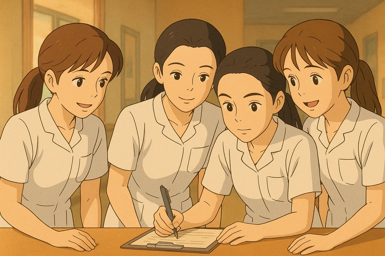 Ghibli illustration of four nursing students in white medical uniforms, short sleeves, V-neck, no collar, no buttons, left chest pocket, bare arms, long hair tied back, collaborating, based on the four reference faces. emoji