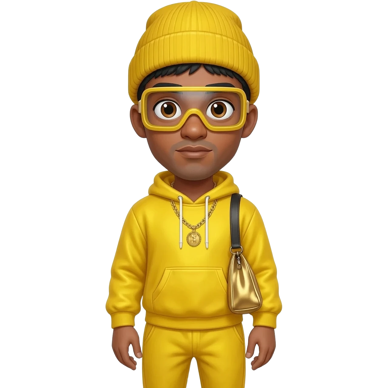 Ali G from Ali G Indahouse with white skin, brown eyes, black short hair, yellow goggles, yellow beanie, yellow metallic sweatshirt, yellow metallic baggy sweatpants, gold necklace emoji