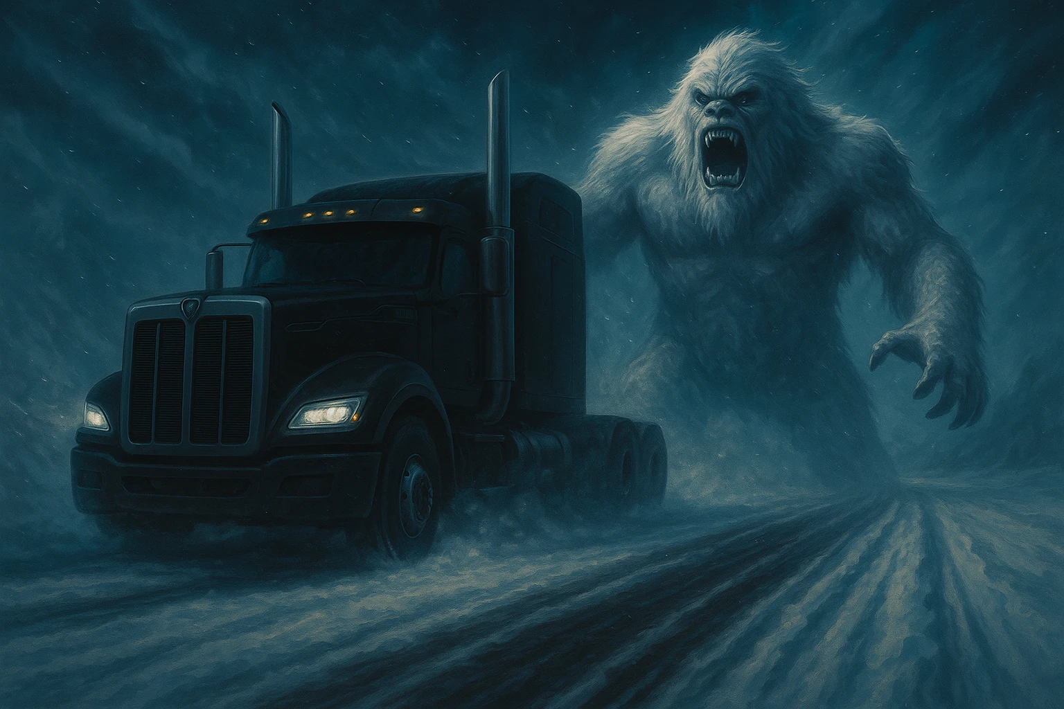 Edit the image to make the semi truck black and place the abominable snowman in front of the semi truck, keeping the same style and scene as the original. emoji
