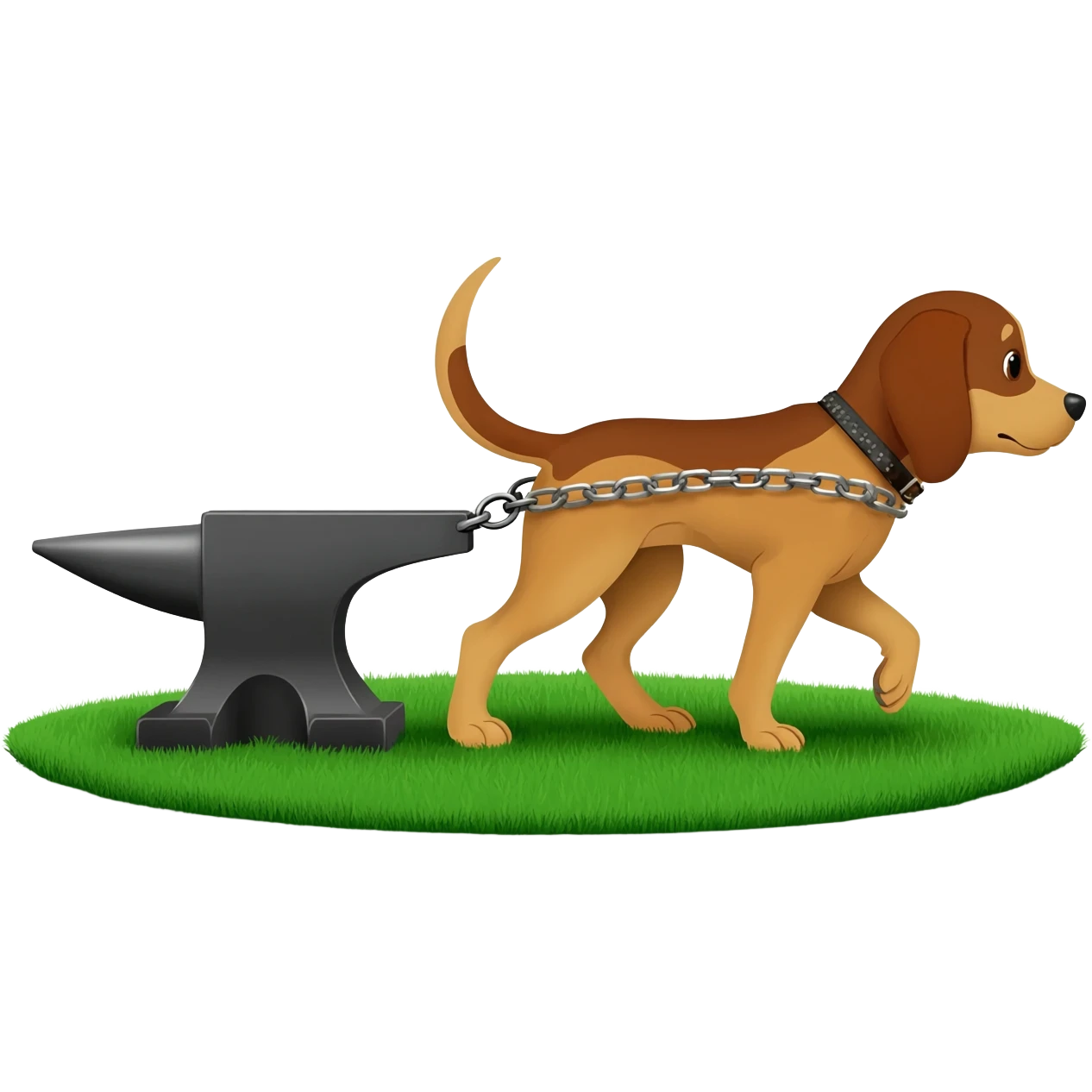 Pack hound pulling an anvil along green grass by leads or chains emoji