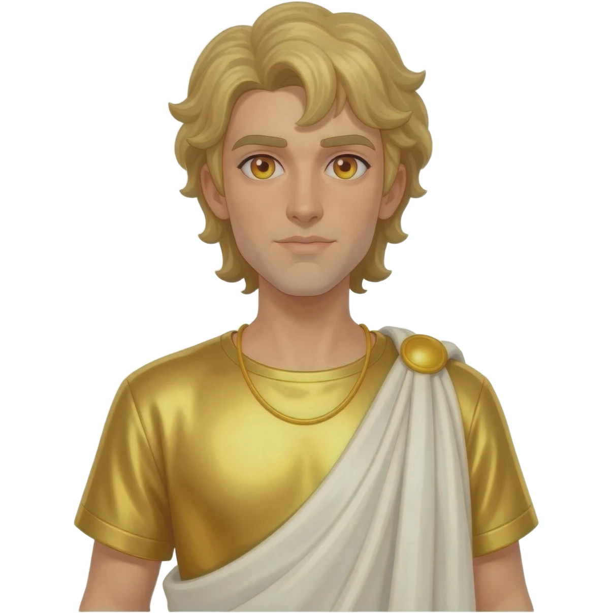 Apollo from Greek Mythology with amber eyes, long blonde hair, gold metallic shirt, ivory metallic baggy pants, yellow necklace emoji