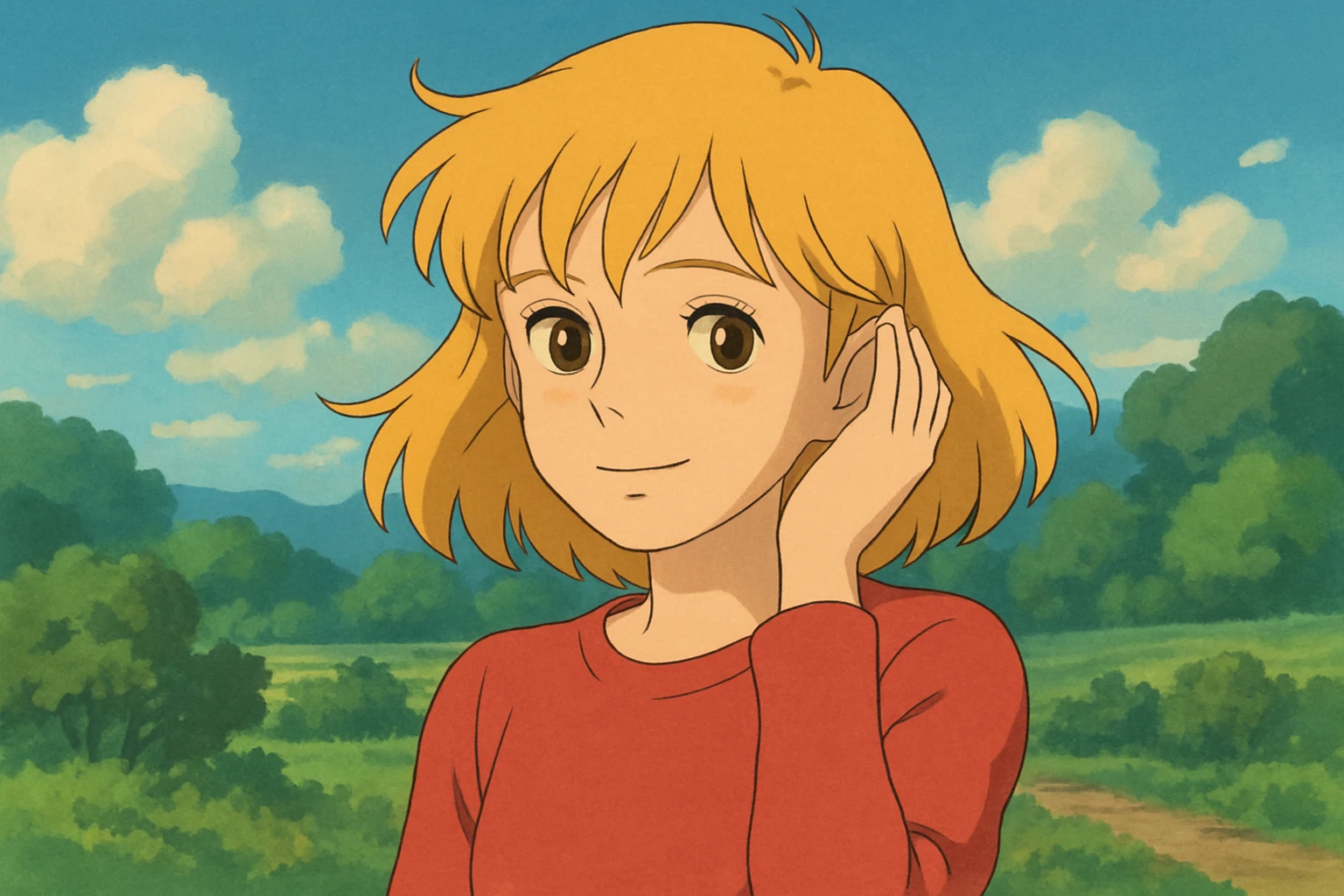 A girl yellow hair brown eyes red Just Cool Women's Long Sleeve Cool T-Shirt touching  to the ear emoji