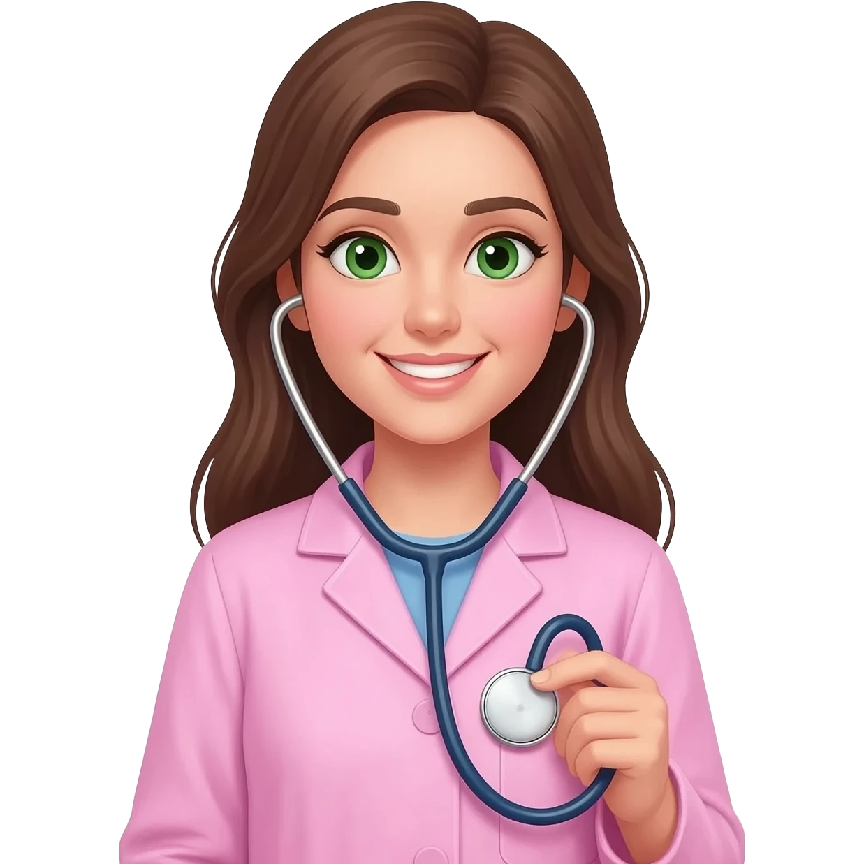 A girl veterinarian with long brown hair green eyes in a pink coat with a stethoscope emoji