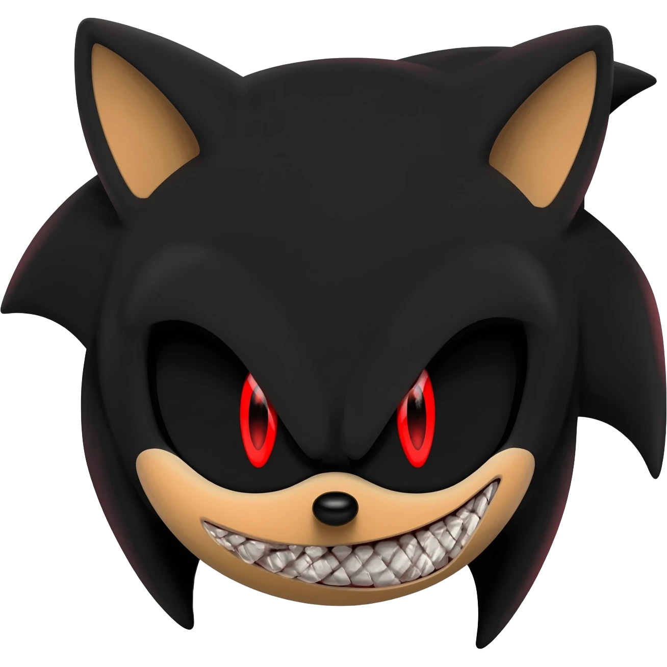 sonic exe, sharp evil teeth, pitch black eyes, red pupils, scary emoji