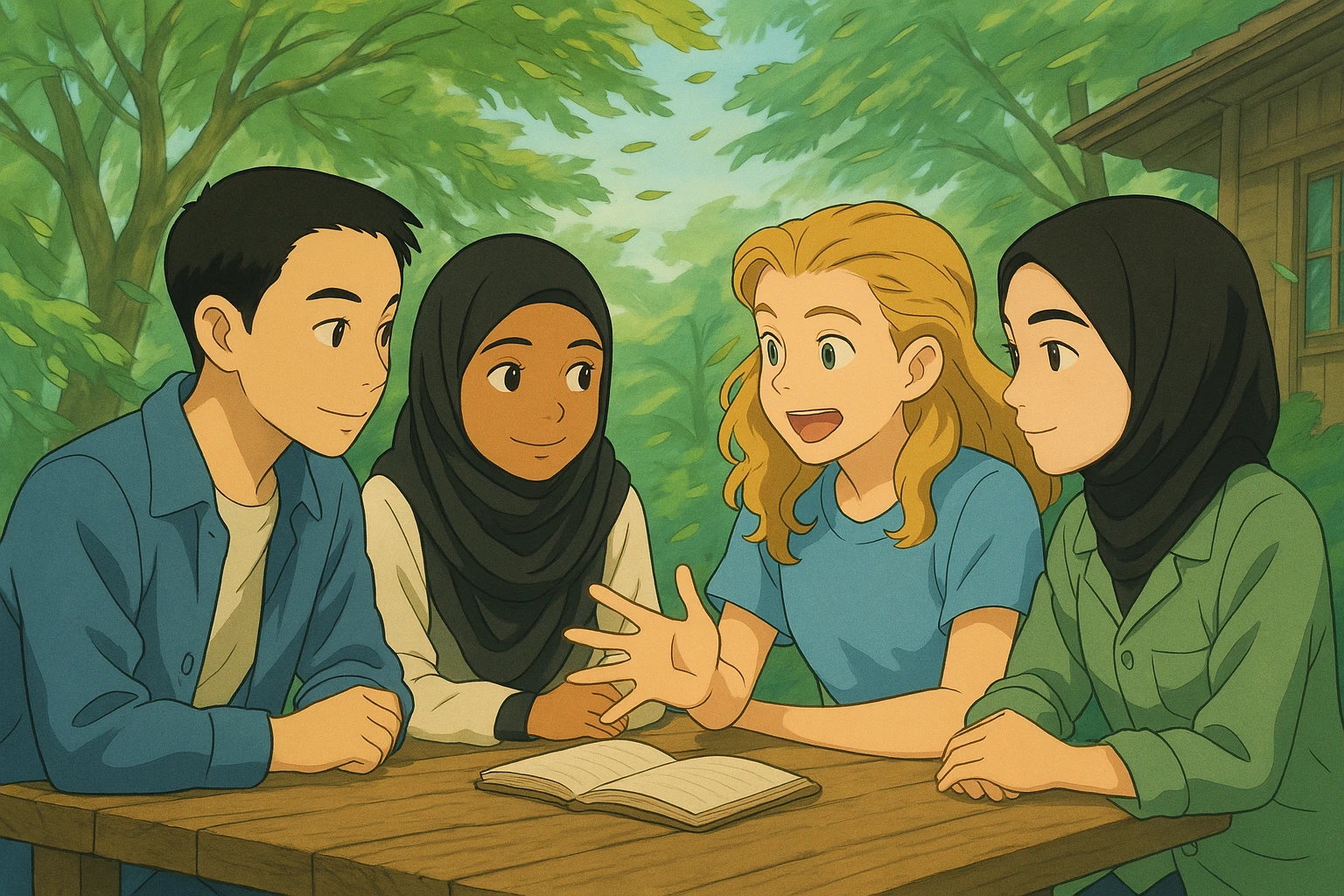 Le vent souffle dans les arbres à l'arrière-plan, les feuilles bougent, style ghibli, même composition que l'image de référence. emoji