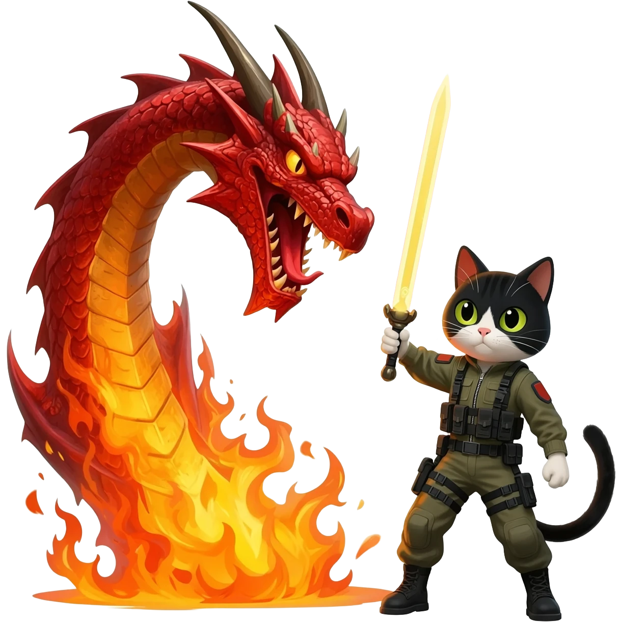 cat wearing  a jumpsuit with a want and a dragon attacking him emoji