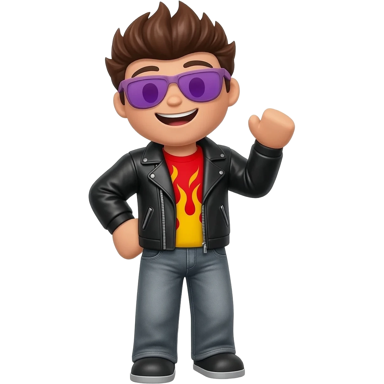 Cool Roblox boy avatar emoji, brown hair, purple sunglasses, smiling face, black leather jacket, red shirt with flame design, gray jeans, confident pose with one hand raised, playful and stylish vibe, 3D cartoon style, bright lighting, cute gaming emoji style emoji