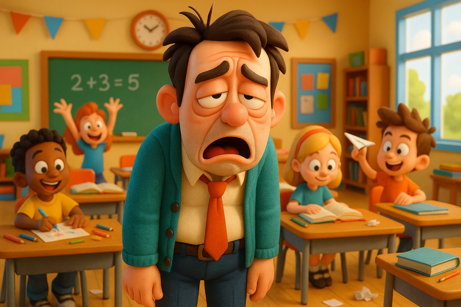 3d cartoon art of a exhausted teacher in a bustling classroom emoji