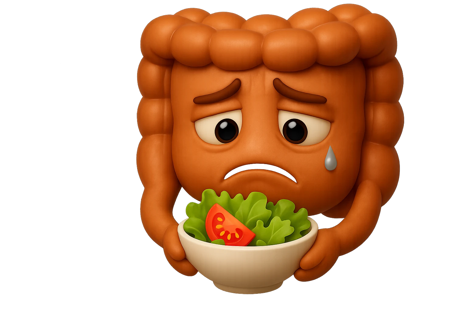 EMOJI STILE IPHONE DI UN INTESTINO UMANO ANATOMICO CHE GUARDA UN INSALATA CON ESPRESSIONE TRISTE E RASSEGNATA IN VOLTO: SOFFRE LA FAME PERCHé è A DIETA, FAGLI ANCHE LA PARTE BIANCA DEGLI OCCHI, NON SOLO LE PUPILLE, IPERREALISTICO 4K emoji