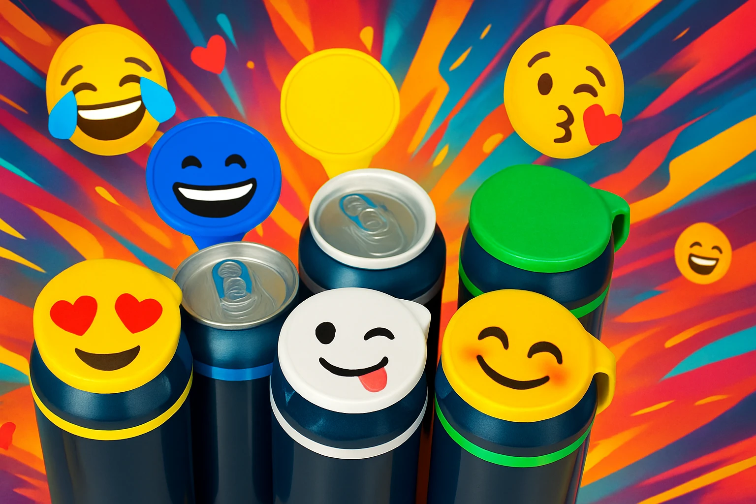 Rakj a kupakokra emoji-kat, smiley-kat, megváltoztathatod a háttereket. valósághű legyen a kép, 1920x1080px méretű legyen. fiatal, dinamikusfotókat készíts! csak a kupak külső részére rakj mintát! emoji