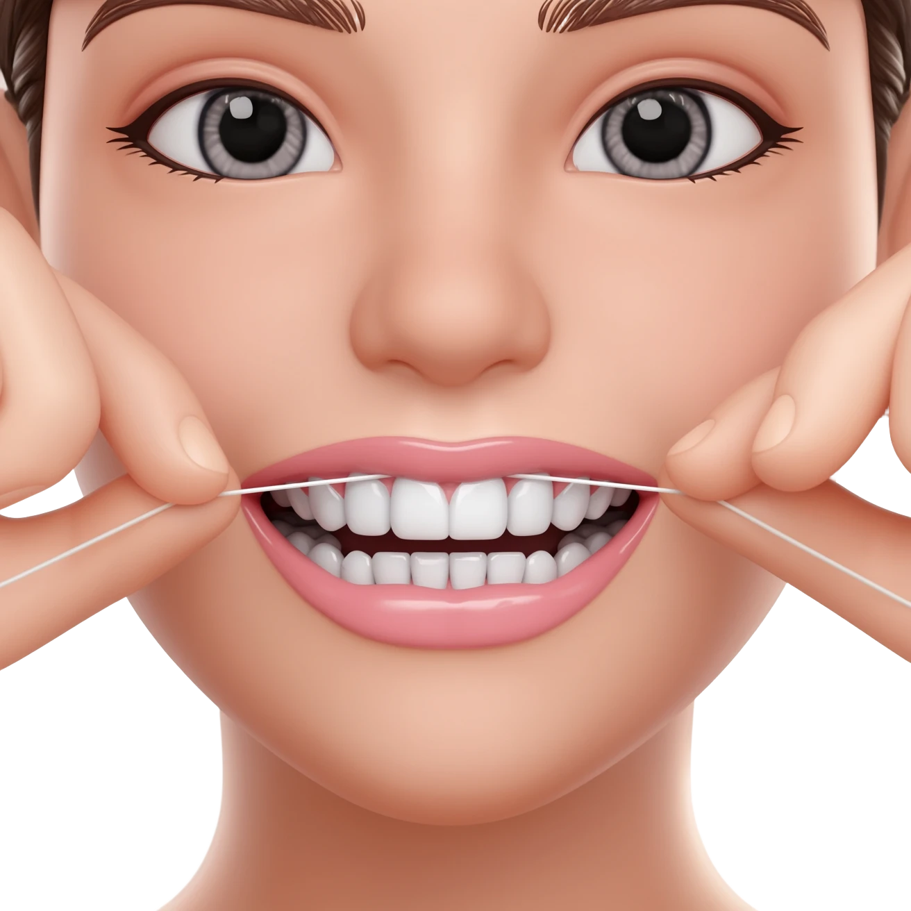 Macro close-up of a woman flossing her front teeth, floss stretched between hands, bright white teeth, natural lighting, shallow depth of field, dental hygiene concept, ultra realistic, sharp focus. emoji