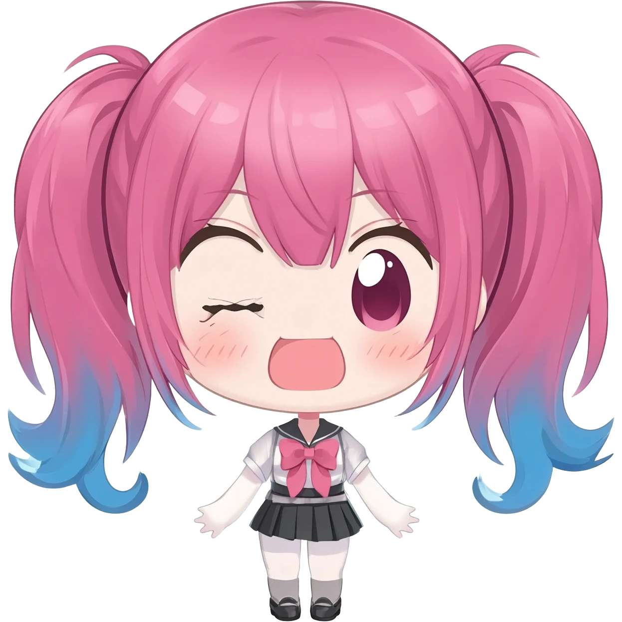 cute anime girl chibi, pink and blue twin tails, lewd expression emoji