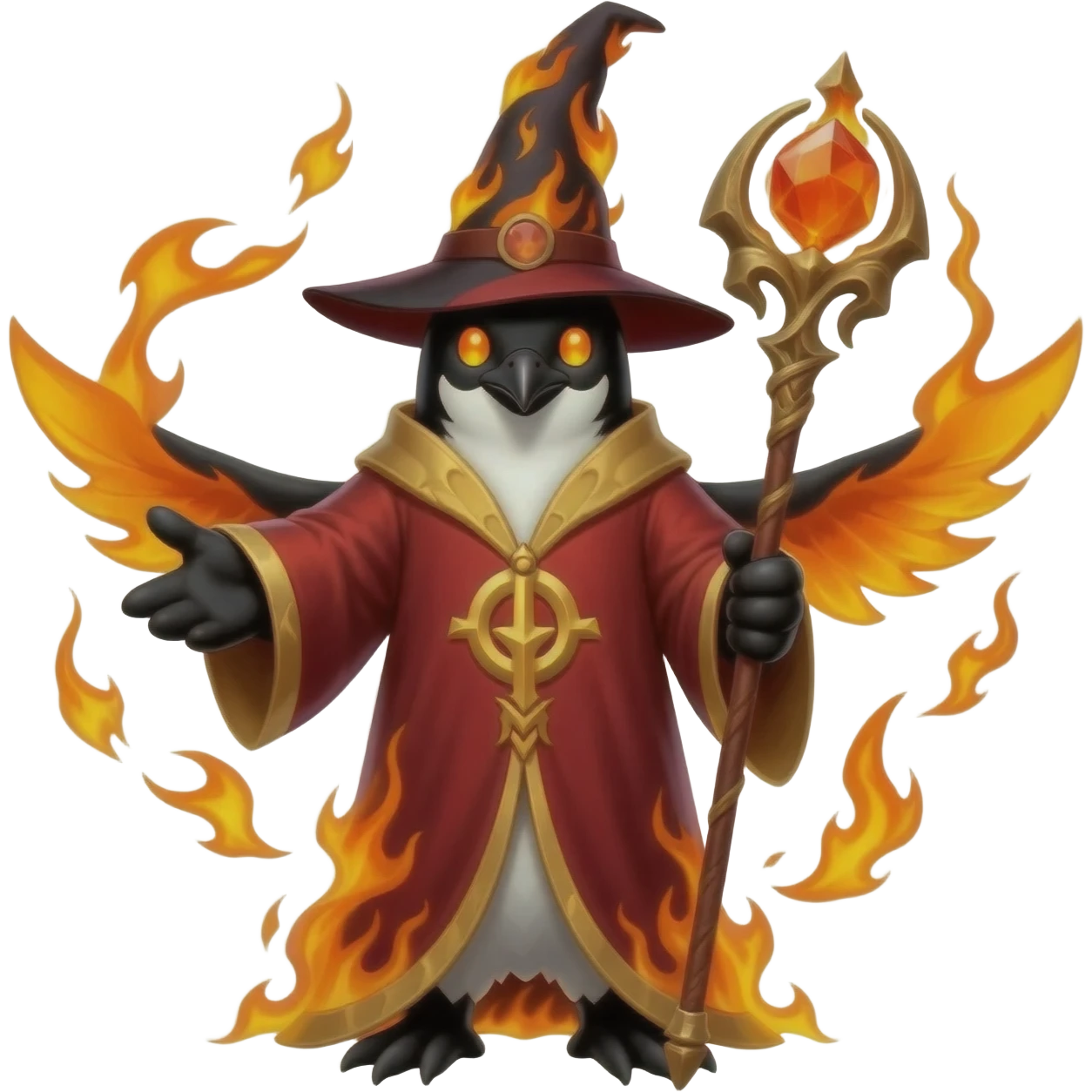 Vibrant fire wizard penguin with black-and-white feathers and glowing fiery-orange eyes. Wearing crimson-and-gold robes with flaming runes and tall wizard hat with burning embers. Holding ornate staff with blazing crystal orb. Swirling orange flames and embers emanate from its body and wings emoji