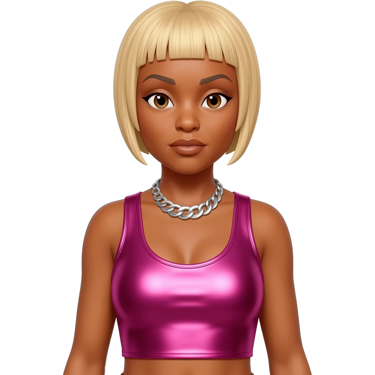 T-Boz from TLC with brown eyes, short blonde hair, fuchsia metallic crop top, silver necklace emoji